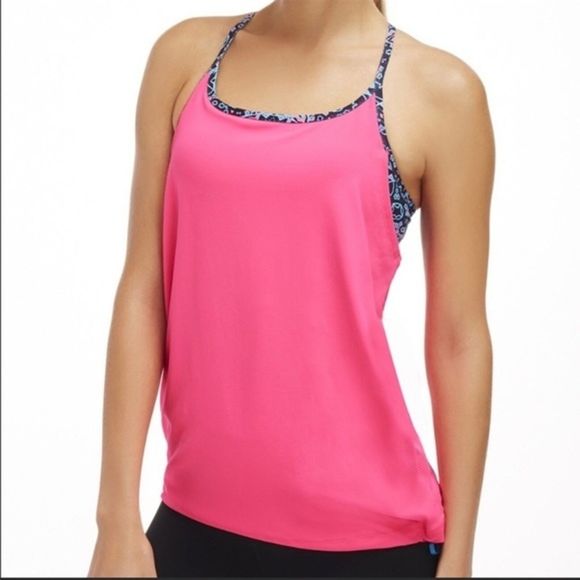 Fabletics Tank Womens XXS Norwalk Pink Blue Racerback 2 in 1 Athleisure Workout - Picture 6 of 7